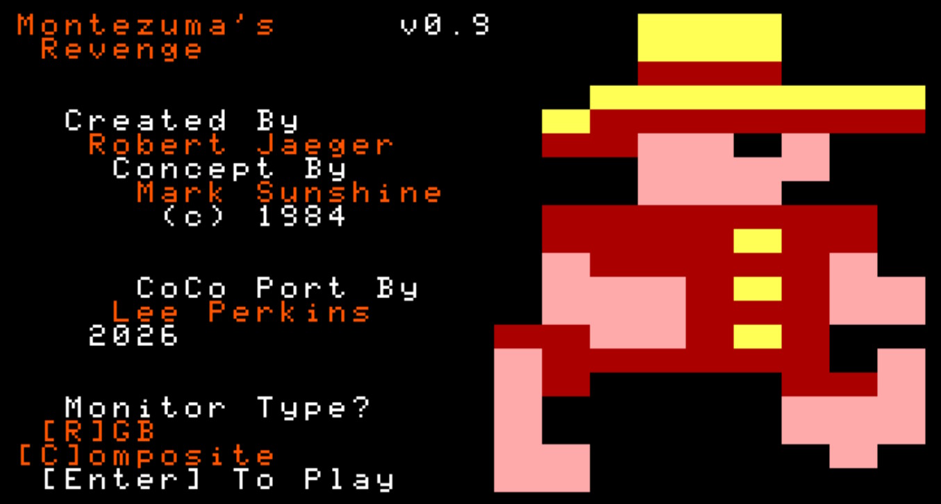 The loader screen: title, credits, a large pixel drawing of Panama Joe, and a prompt asking Monitor Type, R for RGB, C for Composite, Enter to play.