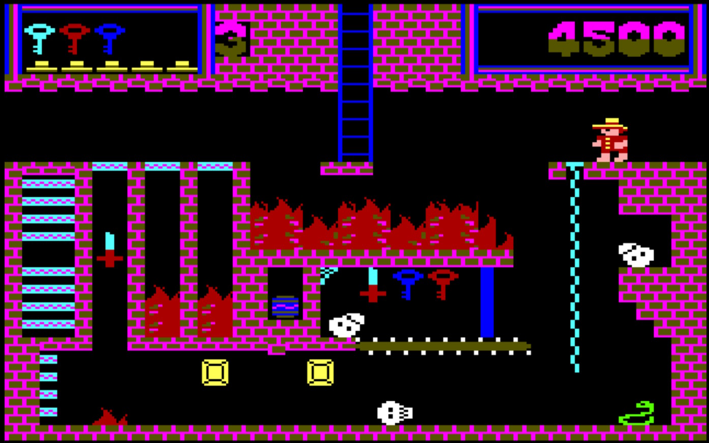 A busy room in magenta brick: three keys and four spare lives on the status bar, a score of 4500, ladders and ropes, two beds of fire, loose keys, a sword, jewels, three skulls, a snake and a conveyor belt.