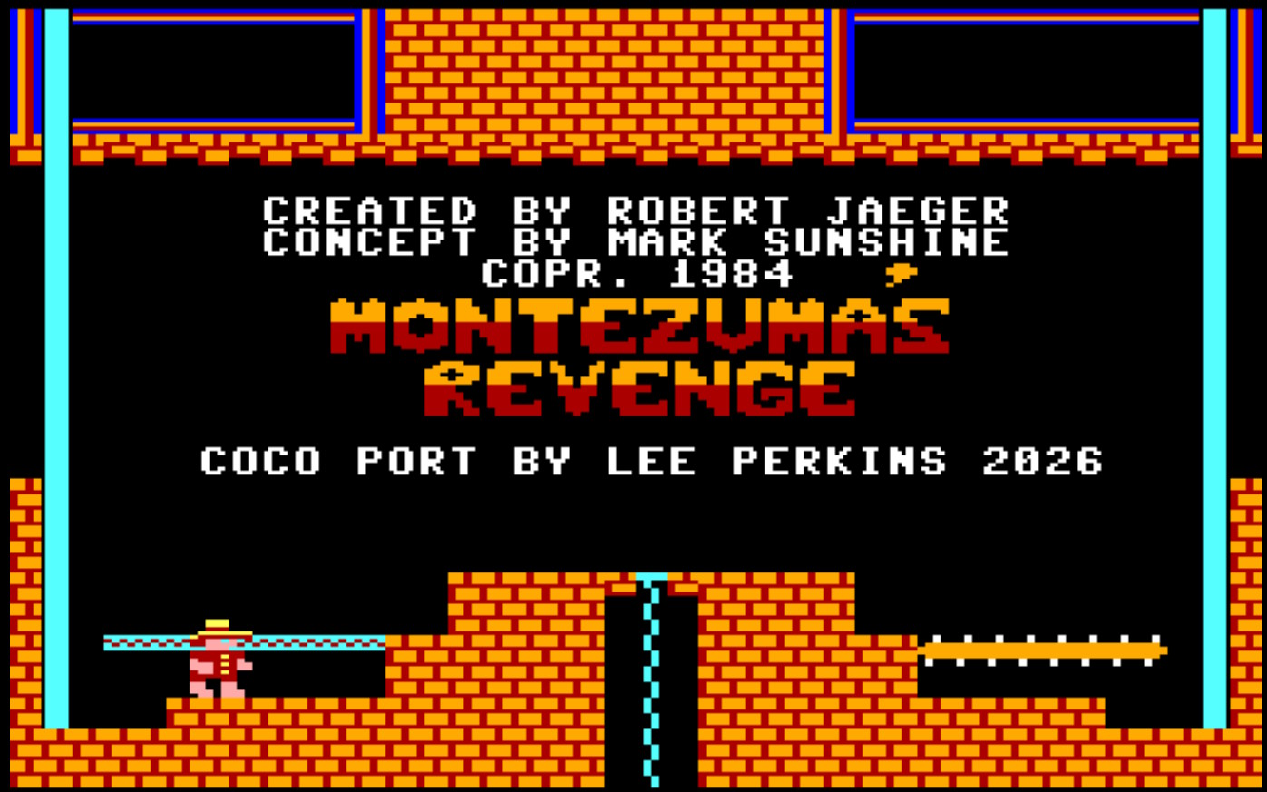 The game's title screen: an orange brick room with the Montezuma's Revenge logo in red, credits to Robert Jaeger and Mark Sunshine, and Panama Joe standing on a ledge beside a pole.